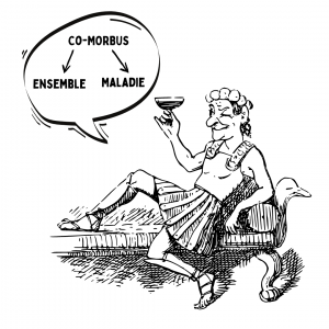 A drawing of a Roman lying on his sofa with a glass of wine explaining the etymology of comorbid