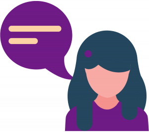 Image graphique d'une fille parlant avec une bulle de parole. Elle porte un haut violet.