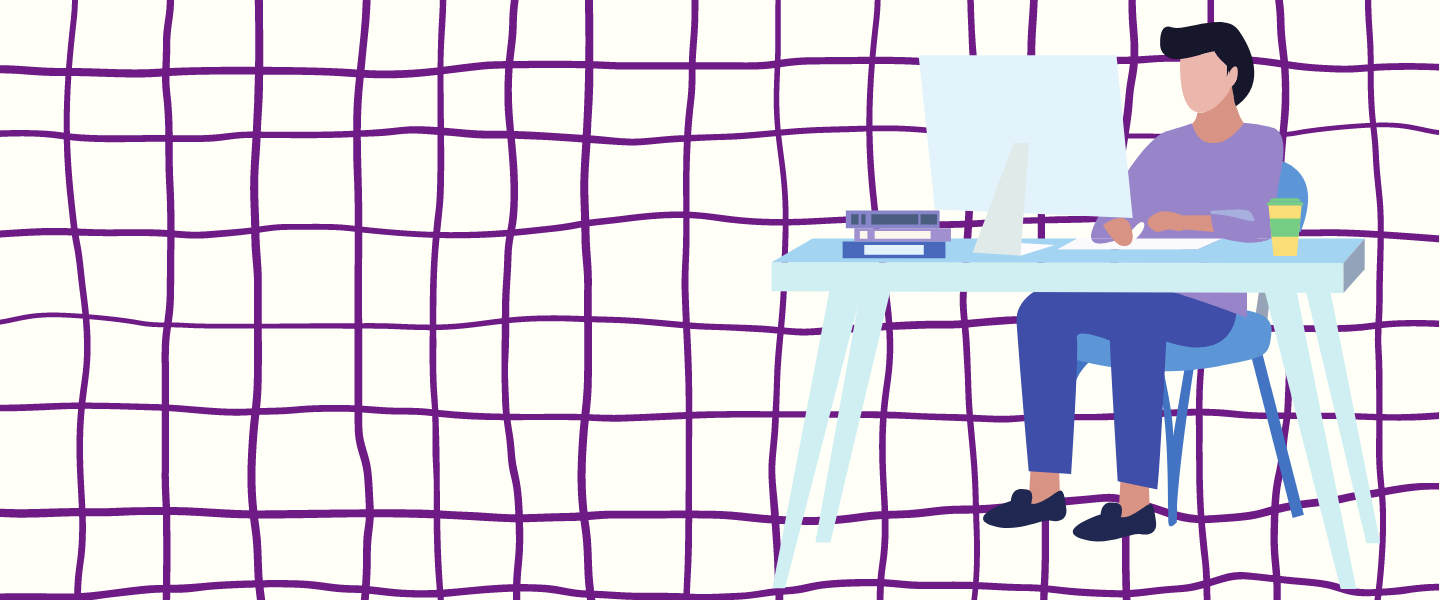 Un homme au bureau et des carrés violet en arrière-plan