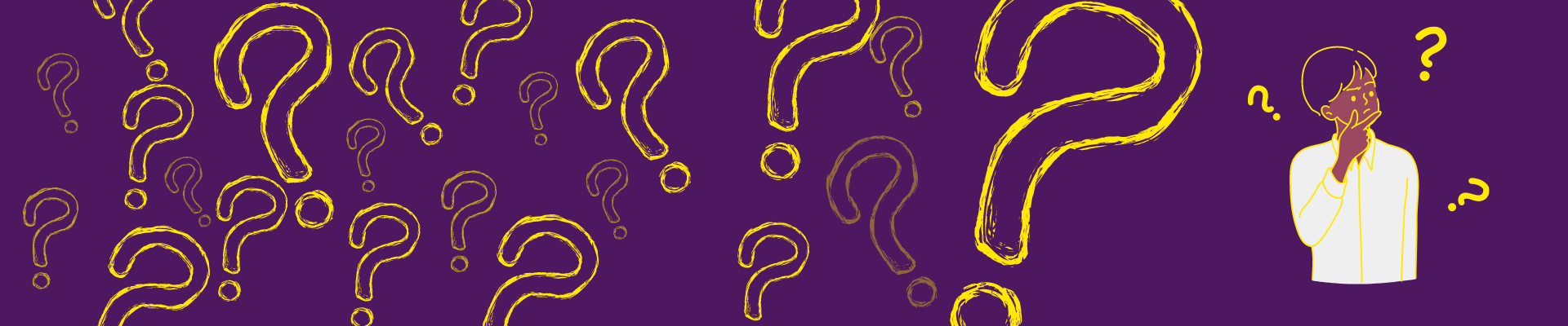 Fond violet avec des points d'interrogation jaunes flottant avec le dessin d'un garçon pensif sur la gauche