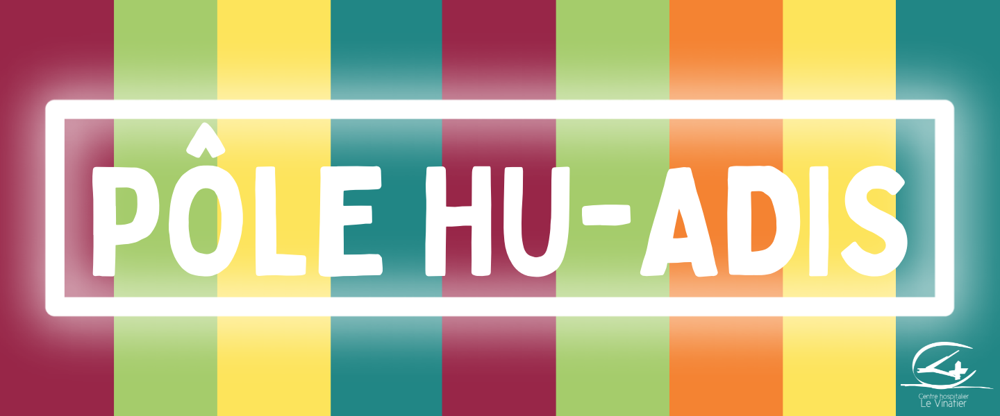 Rayures jaunes, vertes, orange et bordeaux avec le texte "pôle HU-ADIS" et le logo du Vinatier